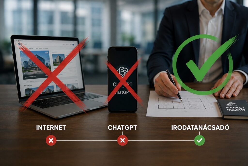 Laptop, okostelefon és irodatanácsadó egy tárgyalóasztalnál, grafikus jelölésekkel kiemelve.