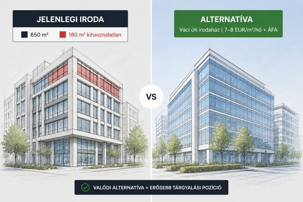 Két irodaház építészeti illusztrációja egymás mellett összehasonlító elrendezésben.